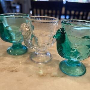 Vintage Arcoroc French teal and clear  Chicken egg cups x3